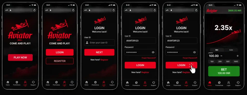 Screenshot of Aviator Mobile login steps
